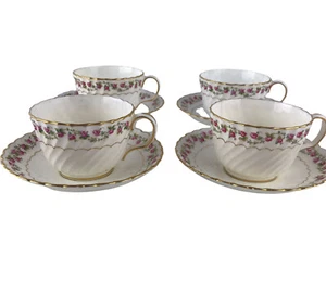 4 Antique Minton Cup & Saucers England Davis Collamore Co. NY Rosebud Scalloped - Picture 1 of 12