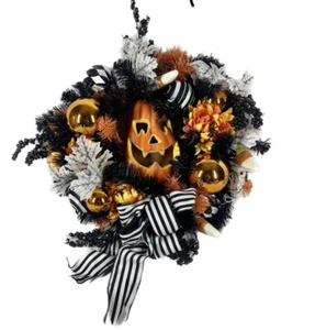 Halloween Wreath Jack-O-Lantern Pumpkin Candy Corn Ornament Flower Stripe Ribbon - Picture 1 of 7