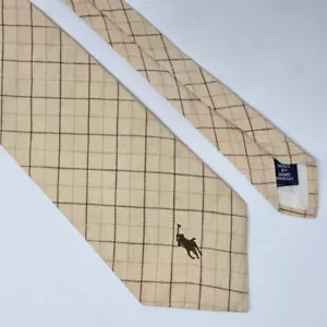 POLO RALPH LAUREN HAND MADE COTTON TIE CREAM BROWN PLAID LOGO 3.75 X 58" - Picture 1 of 3