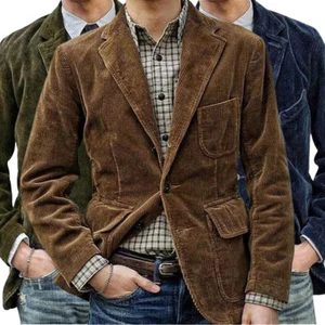 Autumn Winter Men's Coat Corduroy Casual Suits With Shoulder Pads Lapel Blazer - Picture 1 of 19