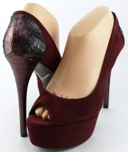$350 B BRIAN ATWOOD BLAYNE Wine Suede Designer Platform Open Toe Pumps 8 - Picture 1 of 4