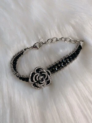 NEW Elegant Camellia Black Crystal Flower Bracelet Bling Wedding Party Gift - Image 1 of 3