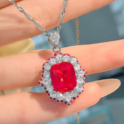 New Blood Red Corundum White Topaz Gemstone Luxury Women Silver Necklace Pendant - Image 1 of 4