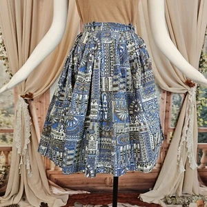 Vintage 1950s Skirt Pleated Blue Brown Novelty Print Side Zip Pinup Rockabilly - Picture 1 of 13