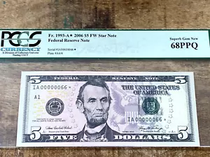 $5 2006 1993-A* Boston STAR PCGS 68PPQ - 00000066* TROPHY GRADE LOW SERIAL STAR - Picture 1 of 2