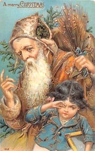 c.1910 Brown Robe Santa with Bag & Bunch of Grain w/ child Christmas post card - Picture 1 of 2