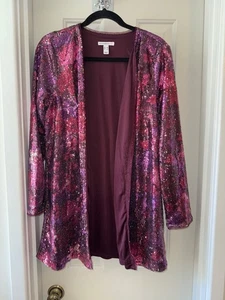 ISAAC MIZRAHI LIVE Long Sleeve Sequin Cardigan WINE FLORAL sz SMALL - Picture 1 of 2