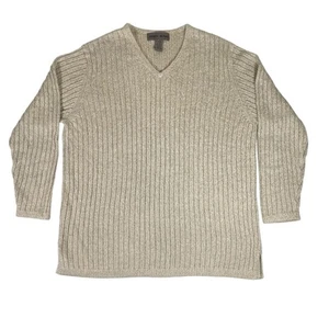 Jones New York Sweater Womans 2X Beige Linen Blend Ribbed Knit V Neck - Picture 1 of 9
