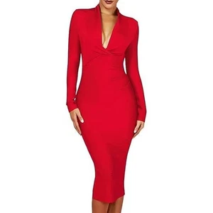 UONBOX Bodycon-Kleid Damen XL rot tiefer Ausschnitt V-Ausschnitt lange Ärmel drapiert Verbot - Bild 1 von 13
