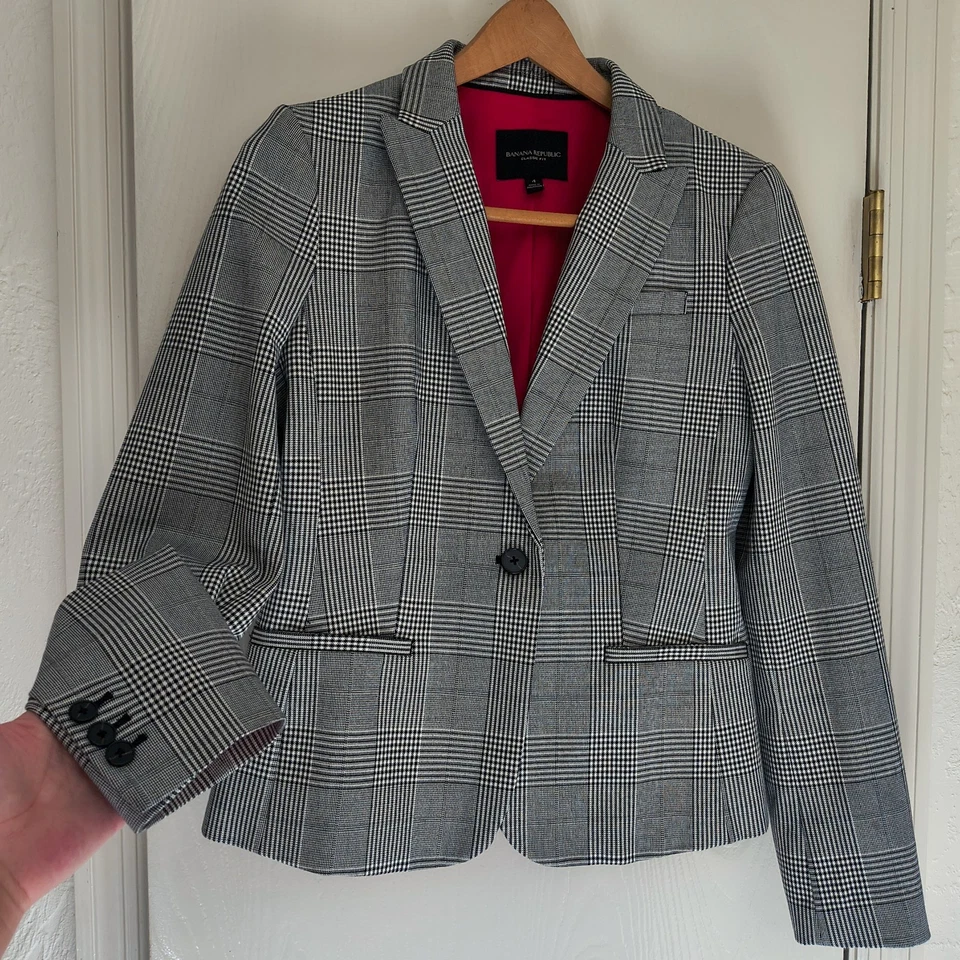 Chaqueta Blazer Mujer Talla 4 Cuadros Rojo Forro Satinado 1 Botón BANANA REPUBLIC Foto 1 de 4