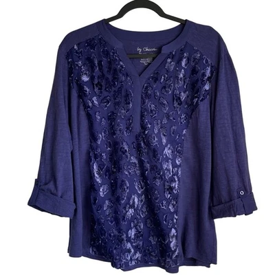 Top de terciopelo Chico’s Becky Burnout púrpura plumaje mangas 3/4 talla XL caprichoso Foto 1 de 4