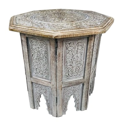 THE URBAN PORT Olta 18 Inch Handcrafted Farmhouse Side Table, Engraved Brown Modern & Contempor