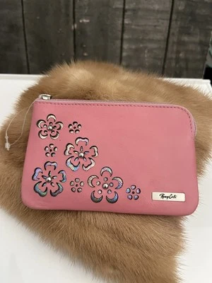 Accessorio o portamonete RENZO COSTA in pelle rosa con dettagli floreali e zip nuovo - Immagine 1 di 4