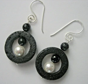 Lava Onyx Muschelkernperle Ohrschmuck Ohrhänger Ohrhaken 925 Silber Unikat - Bild 1 von 5