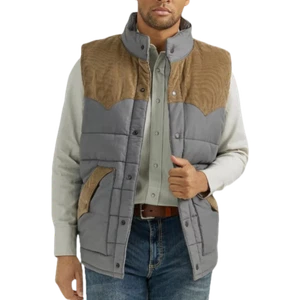 Wrangler Men's Corduroy Western Dark Grey Puffer Vest 112353406 - Picture 1 of 12