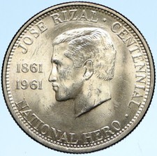 1961 PHILIPPINES with Jose Rizal Nationalist Antique Silver 1/2 Peso Coin i99338
