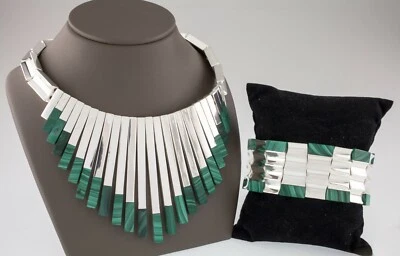 Splendido Argento Sterling Malachite Bracciale e Collana Set Monteros Mexico - Immagine 1 di 4