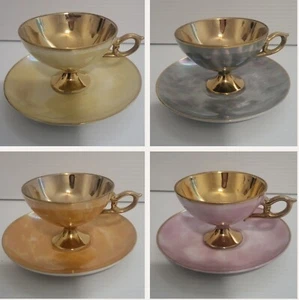 Art Deco Bone China Teacups & Saucers Vintage Gold Pink Blue Yellow Orange Japan - Picture 1 of 13