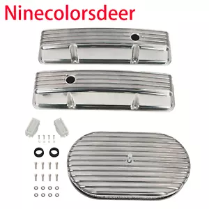 For SBC Chevy 58-86 Finned Polished Tall Valve Covers & 15"Oval Air Cleaner - Bild 1 von 8