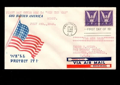 WWII Patriotic Flag FDC Win the War Washington DC Air Mail 1942 Cover 9d - Image 1 of 2