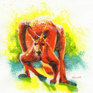 CANGUROO Animali Acquerello Originale Pittura Acrilica Arte Di Artista - Foto 1 di 3