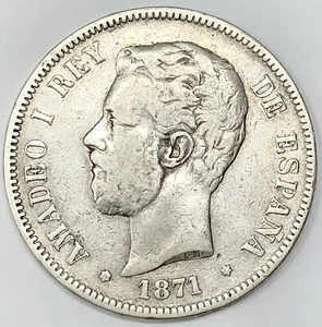 1871 Spain 5 Pesetas .900 Silver World Coin - Amadeo I Savoy Crown Dollar KM 666 - Picture 1 of 15