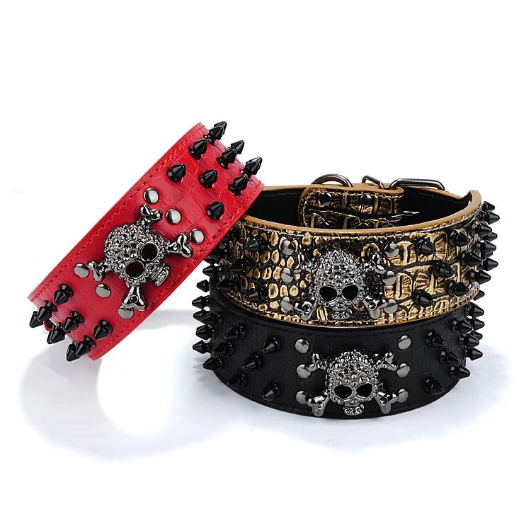 Large Spiked SKULL Stud Metal Dog PU Leather Collar Pit Bull Mastiff Rivet  - Image 1 of 1