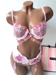 VS For Love & Lemons Pink Embroidered Floral Mesh Ruffle Lace Bra & Garter Set S - Picture 1 of 5