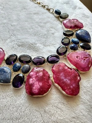 Collar Placa Plata Druzy Rosa Caliente Amatista 41n Cl Foto 1 de 4