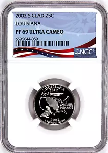 2002-S Proof State Quarter, Louisiana, PF69 Ultra Cameo NGC, Patriotic Label - Picture 1 of 4