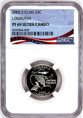 2002-S Proof State Quarter, Louisiana,  PF69 Ultra Cameo NGC, Patriotic Label - Image 1 of 4