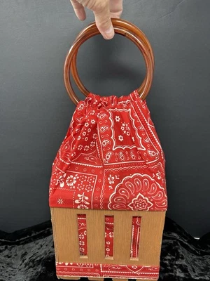 Vintage Wood Picnic Berry Basket Box Purse With Bakelite Handles Red Bandana - Image 1 of 4