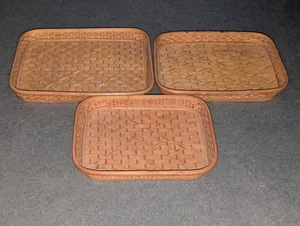Vintage Graduated Woven Bamboo Trays Set of 3 – Boho Rustic Retro Home Decor - Picture 1 of 24