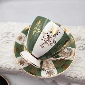 Royal Grafton Fine Bone China Tea Cup Saucer Set Green Gold Floral Vintage - Picture 1 of 7