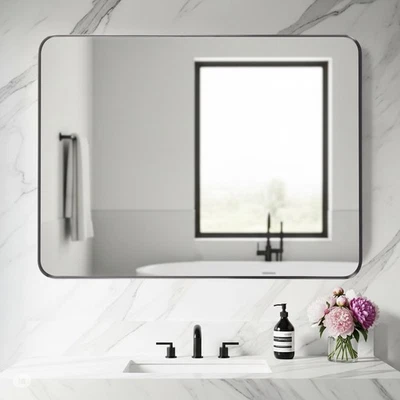 Black Metal-Framed Rectangle Bathroom Mirror, 30" x 40" - Image 1 of 4