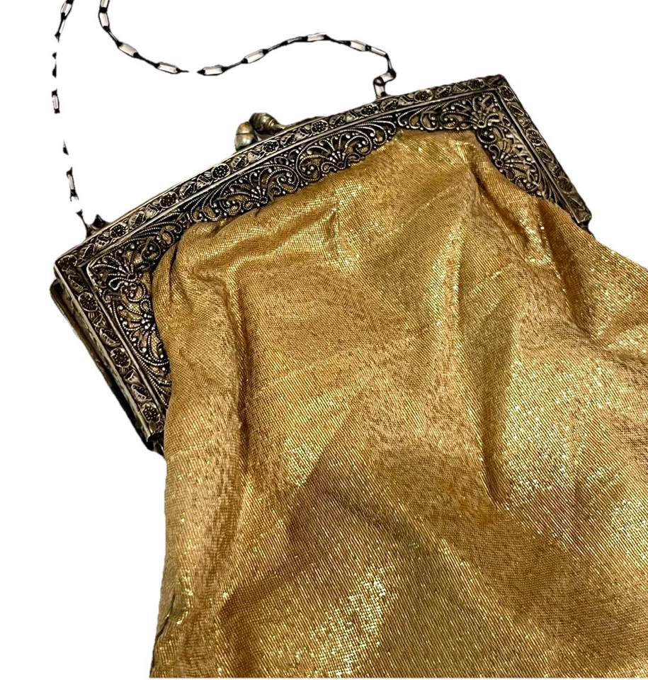 Antique Vintage Metallic Shimmery Gold Purse With Ornate Silver Metal Frame - Image 1 of 4