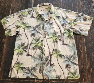 Camisa Hawaiana 100% Seda Platino Para Hombre Talla Grande Palmeras Foto 1 de 4