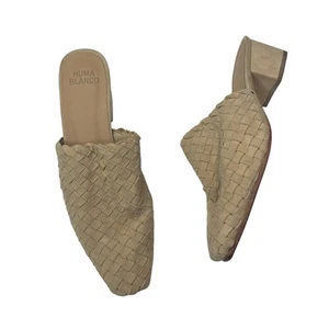 Huma Blanco Shoes Braided Size 37 US 7 Beige Leather Mules Block Heel Square Toe - Picture 1 of 7