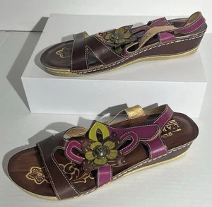 Spring Step L Artiste Womens 9 Brown Green Purple Flower Ankle Strap Sandal 40 - Picture 1 of 21
