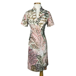 Vestido Vaina Vintage Años 70 Cuello en V Manga Corta Abstracto Pluma Boston Maid 10 - Imagen 1 de 7
