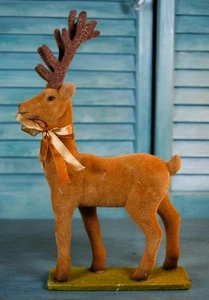 Renna in piedi 11,5" marrone floccato di ispirazione vintage cervo buck base verde - Foto 1 di 15