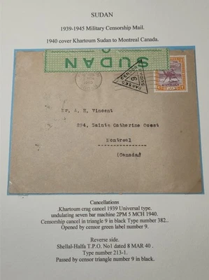 Sudán Segunda Guerra Mundial 1940 Cubierta censurada Ktm a Montreal Canadá a través de Shellal Halfa TPO No.1 Foto 1 de 4