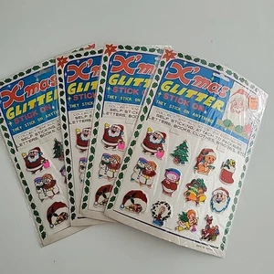 Lotto Vintage 4 Adesivi Puffy Glitter Natale Vinile Stick On Puffy Xmas NOS - Foto 1 di 9