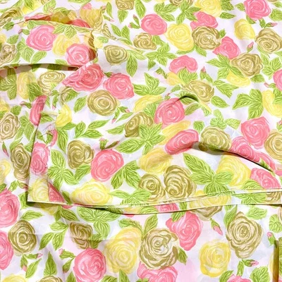 1960s Crepe Fabric Pink Chartreuse Olive White Rose Floral By the Yard BTY - Image 1 of 4