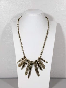 Bronze Tone Feather Leaf Bar Pendant Boho Statement Necklace 20 inch - Picture 1 of 7