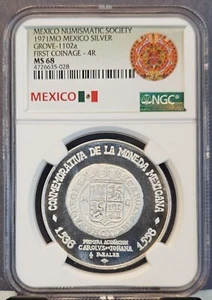1971 MEXICO SILVER GROVE 1102a FIRST COINAGE 4 REALES NGC MS 68 TOP POP - Picture 1 of 3