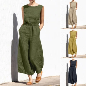 Women Simple Pure Color Jumpsuit Sleeveless Pockets Casual Wide Leg Pants Romper - Picture 1 of 24