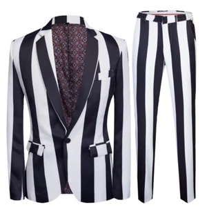 Wide Striped Men Dress Suits Slim Fit Wedding Tuxedos Single Breasted One Button - Picture 1 of 10
