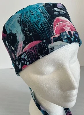 Pink and Blue Jellyfish Lined Medical Skull Scrub Cap Surgery Chef Dental Hat - Image 1 of 4
