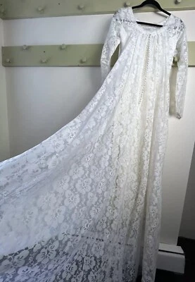 Vestido de noiva vintage década de 1970 boho trem de renda pequeno médio - Imagem 1 de 4